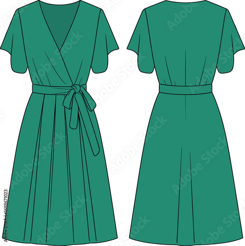 Green wrap midi dress with short sleeves, waist tie, front and back view, fashion technical sketch, CAD vector illustration
