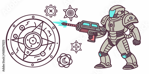 Futuristic warrior unleashes energy blast from sci-fi weapon at mystic circle symbols