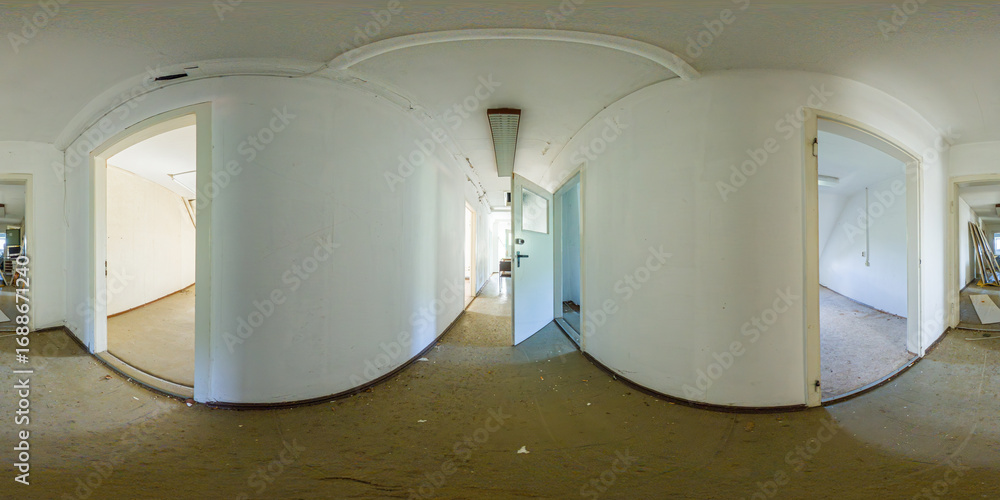 Fototapeta premium Panoramic view of an abandoned clinic interior with ornate ceiling details, broken furniture, and scattered debris. Empty and decayed hospital room with peeling walls, shattered glass, and old medical