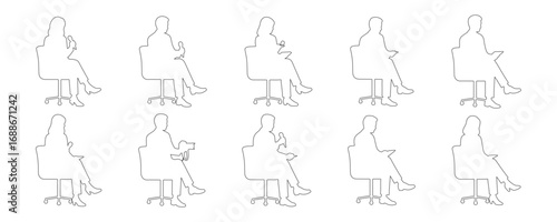 Architectural Drawings sitting media people outline vector illustration, side view, human person Minimal style hand drawn. Sections, Elevations, Floor Plans