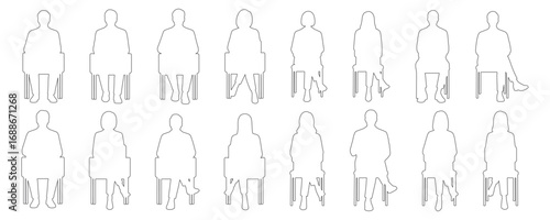 Architectural Drawings sitting media people outline vector illustration, front view, human person Minimal style hand drawn. Sections, Elevations, Floor Plans