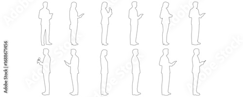 Architectural Drawings standing media people outline vector illustration, side view, human person Minimal style hand drawn. Sections, Elevations, Floor Plans