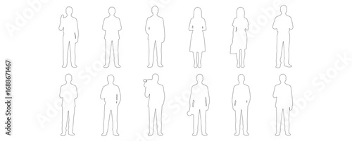 Architectural Drawings standing media people outline vector illustration, front view, human person Minimal style hand drawn. Sections, Elevations, Floor Plans