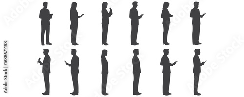 Architectural Drawings standing media people silhouette vector illustration, side view, human person Minimal style hand drawn. Sections, Elevations, Floor Plans