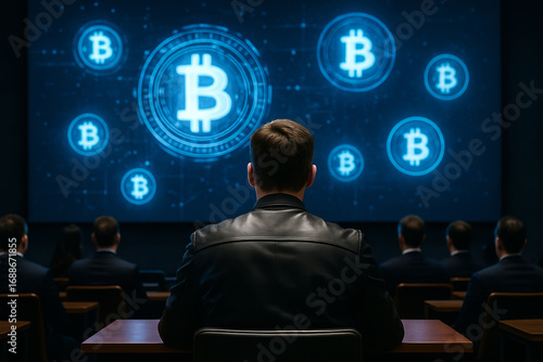 Business Audience Watching Bitcoin Presentation on Large Digital Screen