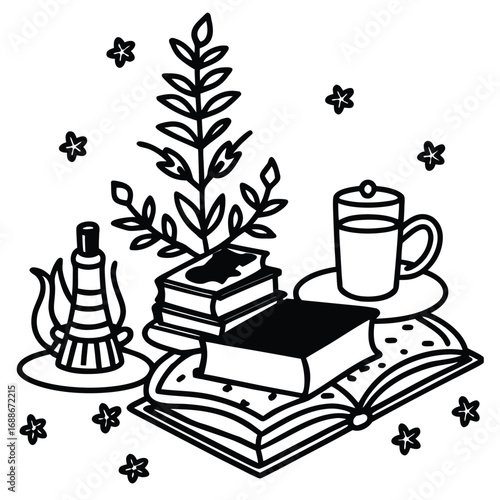 Black and White Illustration of Books Tea and Plants with Stars Keywords: books, tea, teapot, cup, saucer