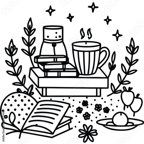 Black and White Illustration of Books Tea Fruit and Flowers Keywords: books, open book, teapot, cup, steam