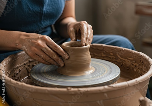 woman potter hands makes on the pottery wheel