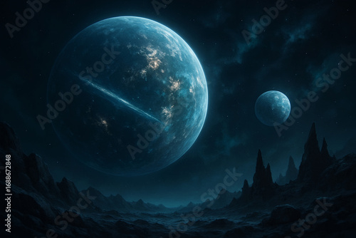 Futuristic Alien Planet Landscape with Two Moons in Dark Sky