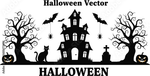 Halloween haunted house vector, spooky Halloween illustration, black cat and bats, scary trees with pumpkins, Halloween graveyard scene, Halloween design art