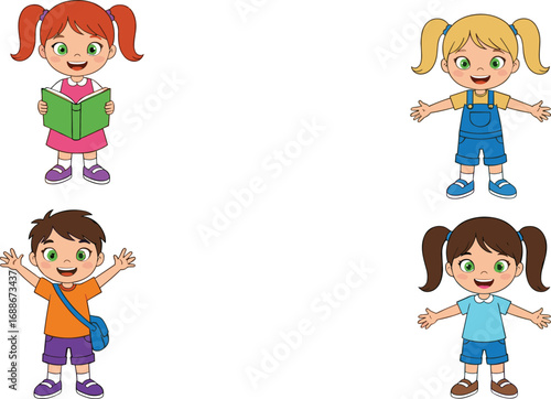 Happy cartoon school children with backpacks and books, perfect vector illustration for education, learning, classroom and kids-themed design use.