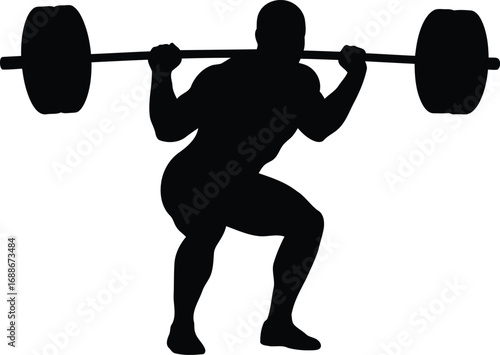 Athlete silhouette squatting with barbell strength training fitness motivation vector