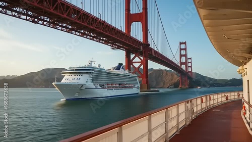 Cruise ship sailing under the Golden Gate Bridge in San Francisco California USA