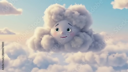 Cute animated cloud character floating among fluffy clouds in a serene blue sky