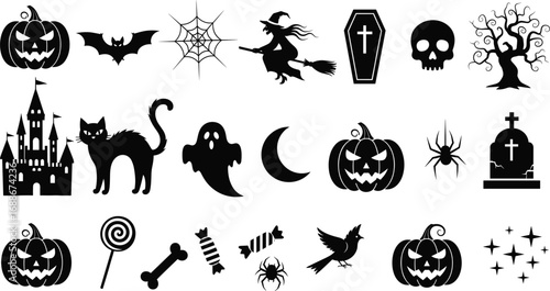 Halloween icons set, spooky vector symbols, pumpkins, bats, witches, ghosts, skulls, cats, haunted houses, candy, spiders, gravestones, Halloween decorations