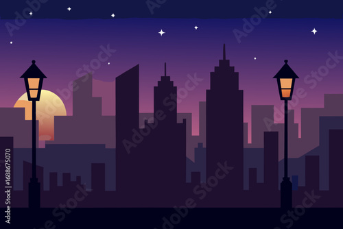 Serene minimalist cityscape vector illustration of a waterfront sunset with lamp posts