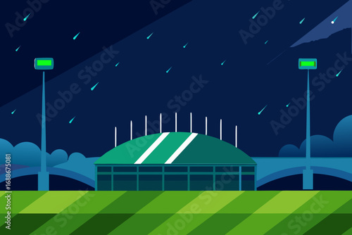 Nighttime stadium under starry sky vector illustration for sports and entertainment designs