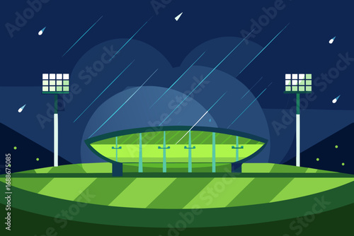 Vector illustration of a modern stadium at night with dramatic lighting