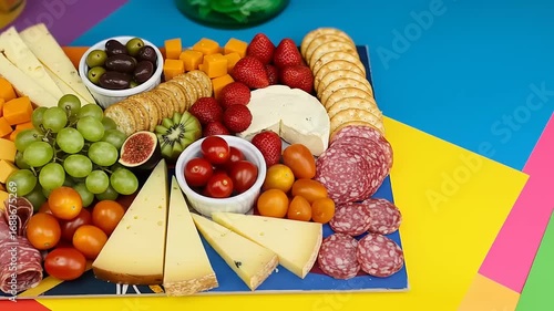 Delicious and Colorful Charcuterie Board Arrangement on a Vibrant Background Scene
