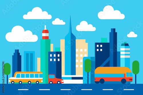Modern minimalist cityscape vector illustration with buses and tall buildings