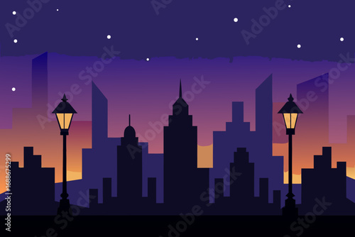 Vector sunset cityscape with street lamps and stars
