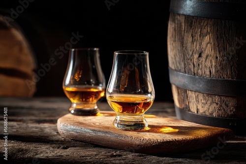 Elegant Glencairn Whiskey Cups on Rustic Wood with Barrel Ambiance in Dim Light