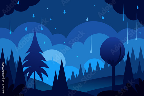 Minimalist abstract forest scene with rain and stars vector illustration