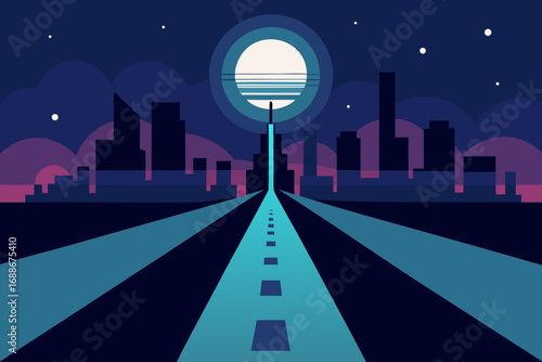 Retro futuristic cityscape with glowing road and moon vector art illustration