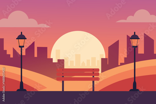 Minimalist urban sunset scene with cityscape and park bench vector illustration