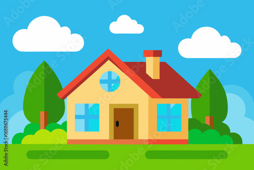 Charming cartoon house amidst green trees and a blue sky with clouds vector art