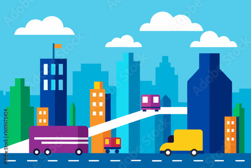 Vibrant minimalist cityscape vector illustration with trucks and buildings at sunset