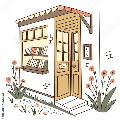 Charming small shop with open door and books on shelves surrounded by flowers store building