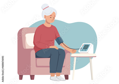 Flat illustration of blood pressure measurement for elderly health.