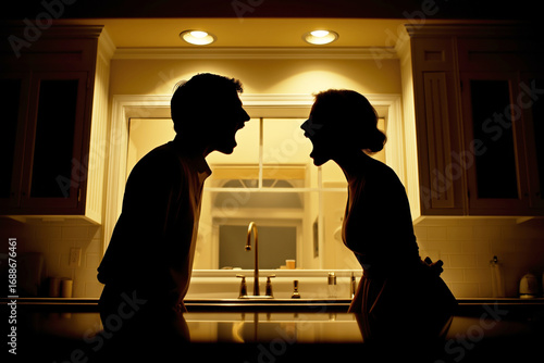 married couple is quarreling in home. Silhouette of an aggressive husband and wife screaming in the kitchen. Couple is fighting. Domestic violence and abusive relationships