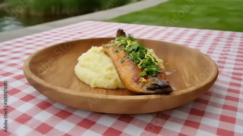 Delicious cooked fish dish with mashed potatoes served outdoor on a wooden plate