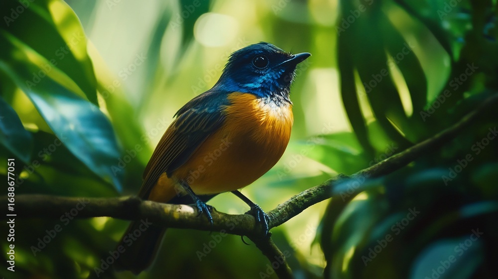 Fototapeta premium Vibrant Rufous-bellied Niltava bird perched gracefully on a tree branch