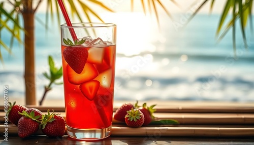 Refreshing cold strawberry soda in glass, bamboo table, ocean backdrop,  table,  beverage