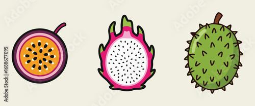 Exotic fruits row passion fruit dragon fruit and durian