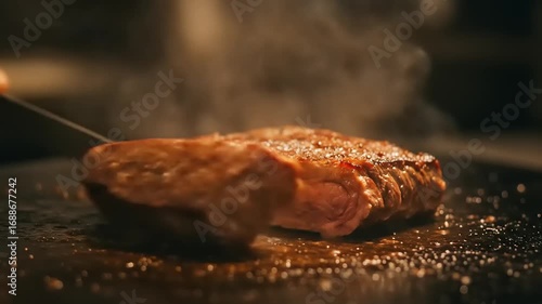 Delicious Grilled Steak Slicing: Close-Up of Perfectly Cooked and Sliced Meat