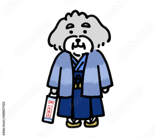 七五三の衣装を着た手描きの犬
