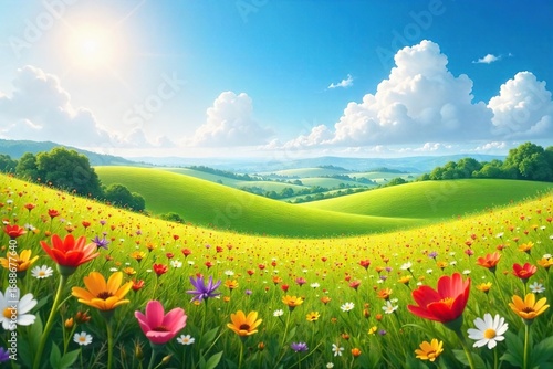 Rolling hills painted with vibrant wildflowers, a sun-drenched scene evoking pure joy and carefree laughter Perfect for travel, happiness, and summer concepts , peace, sky