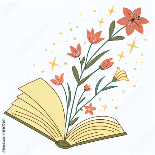 Open book with blooming flowers and stars emerging on white background growth