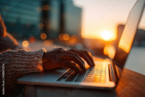 A close-up of a person's hand typing on a laptop keyboard during sunset. The background features blurred city buildings and warm sunlight.