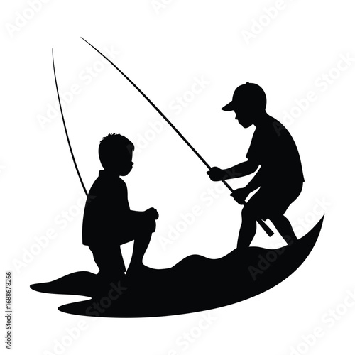 Silhouette of Boys Fishing Together
