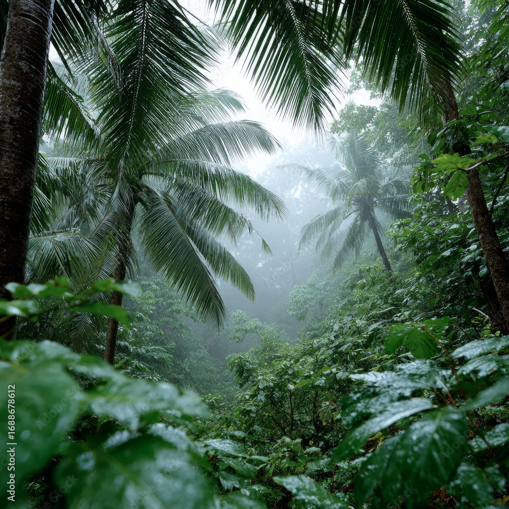 Obraz premium Misty jungle with lush greenery and towering palm trees.