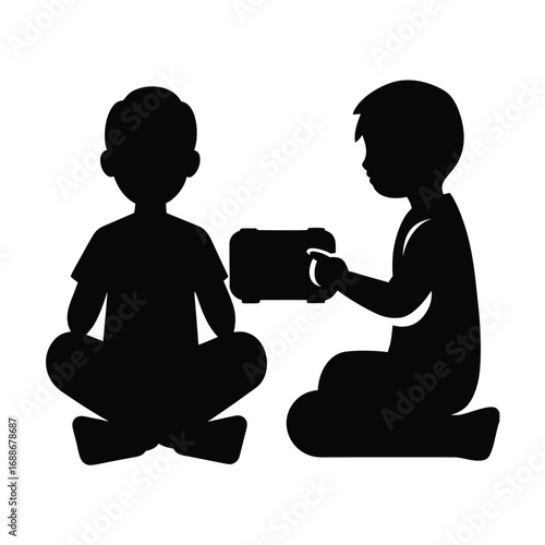 Two Boys Sharing Toy Silhouette Illustration