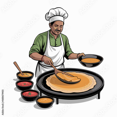 Indian Street Food Cook Preparing Dosa Illustration