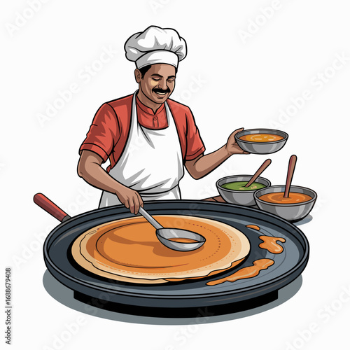 Indian Street Food Cook Preparing Dosa Illustration