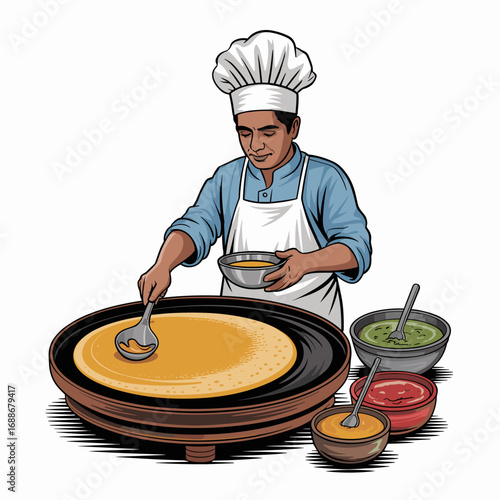 Indian Street Food Cook Preparing Dosa Illustration