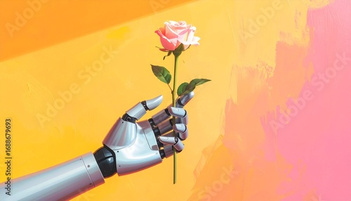 Wallpaper Mural A conceptual image showing the fusion of technology and nature, with a metallic robot hand gently holding a single pink rose against a vibrant, colorful background Torontodigital.ca